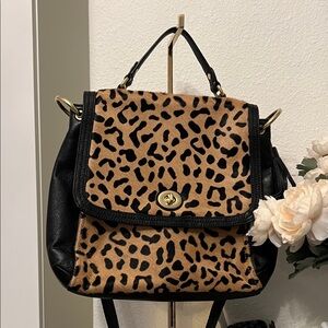 Leopard Print Black Trim Top-Handle Backpack